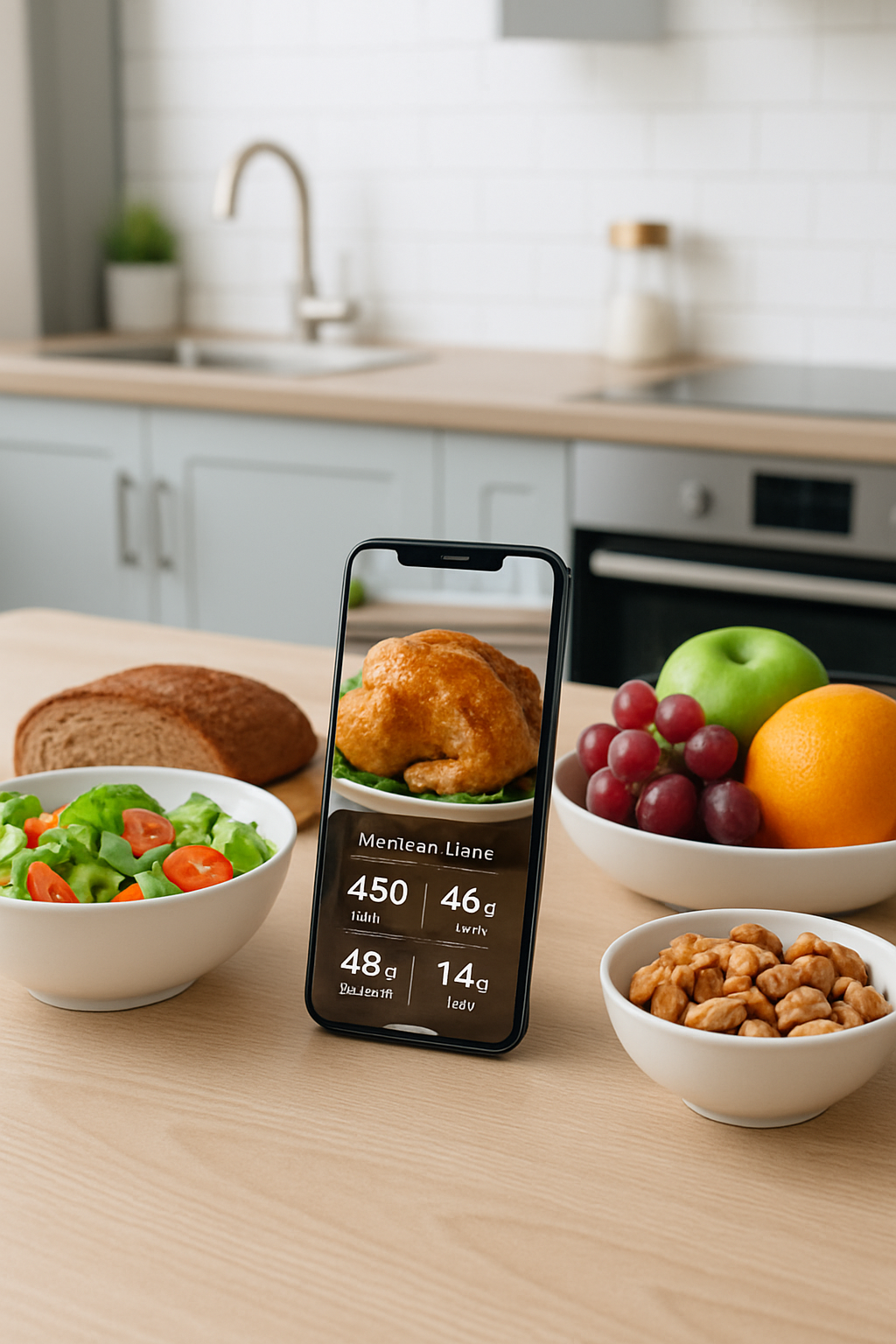 A smartphone showing the SnapEat AI app interface after taking a photo of a healthy meal with salmon and vegetables.