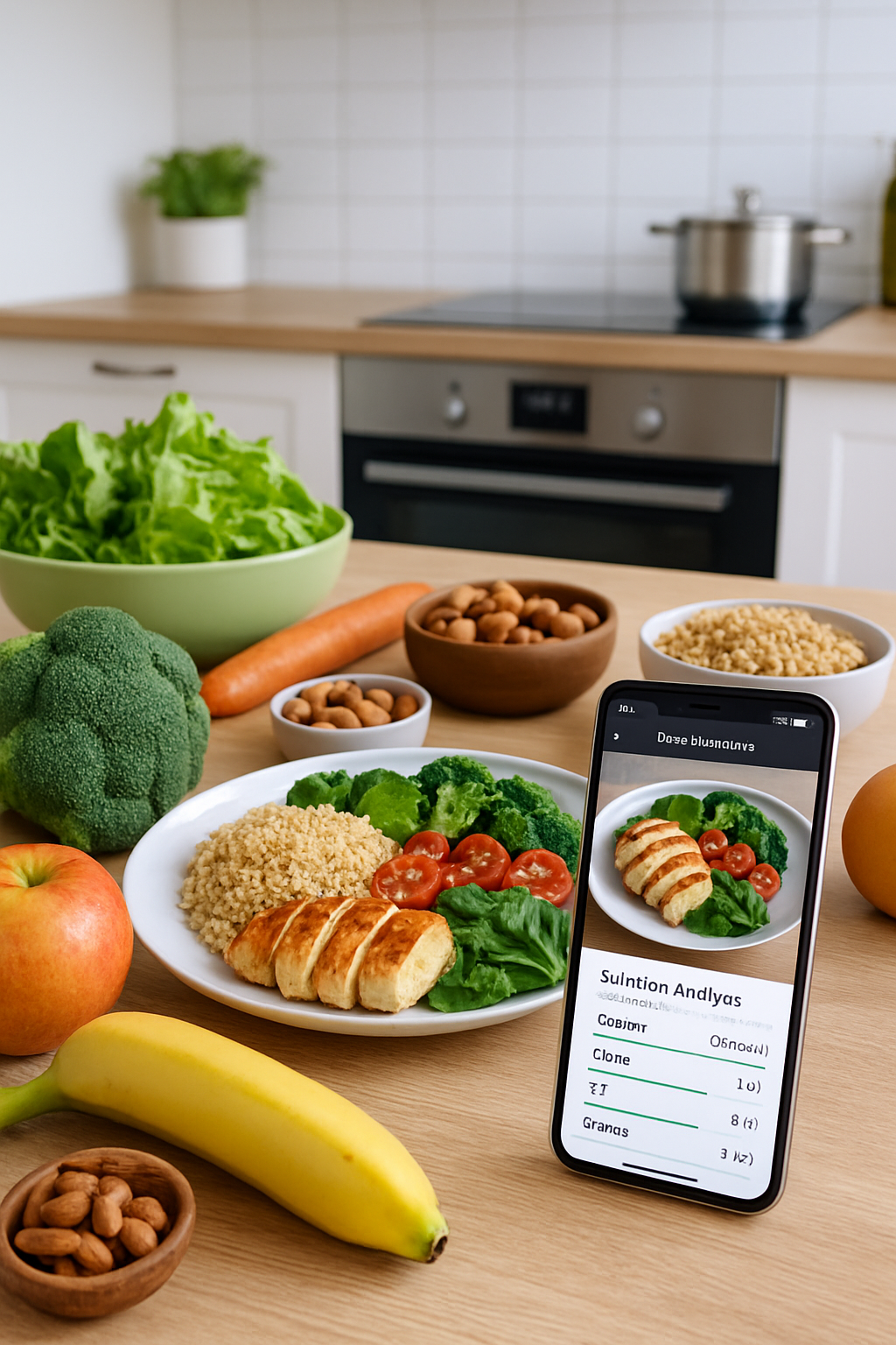 A smartphone showing the SnapEat AI nutrition tracker interface analyzing a healthy meal of salmon, broccoli, and quinoa.