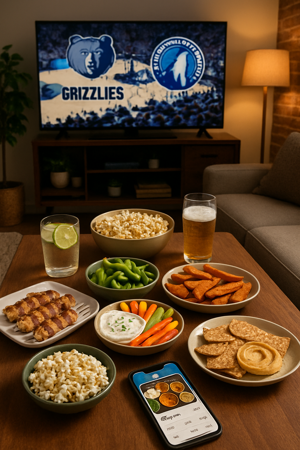 A healthy game night snack platter with chicken skewers, vegetable sticks and dips, with a phone showing the SnapEat AI meal tracking app.