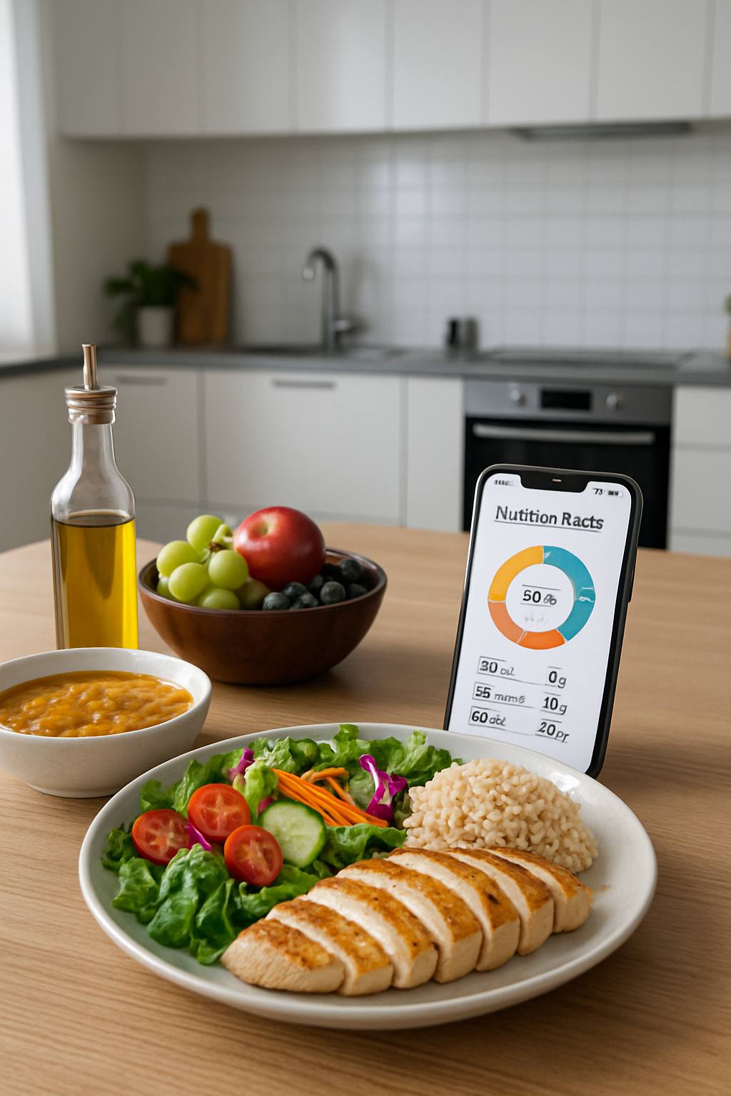 A phone using the FoodSnap AI nutrition app to track a healthy meal of salmon and vegetables by taking a photo.