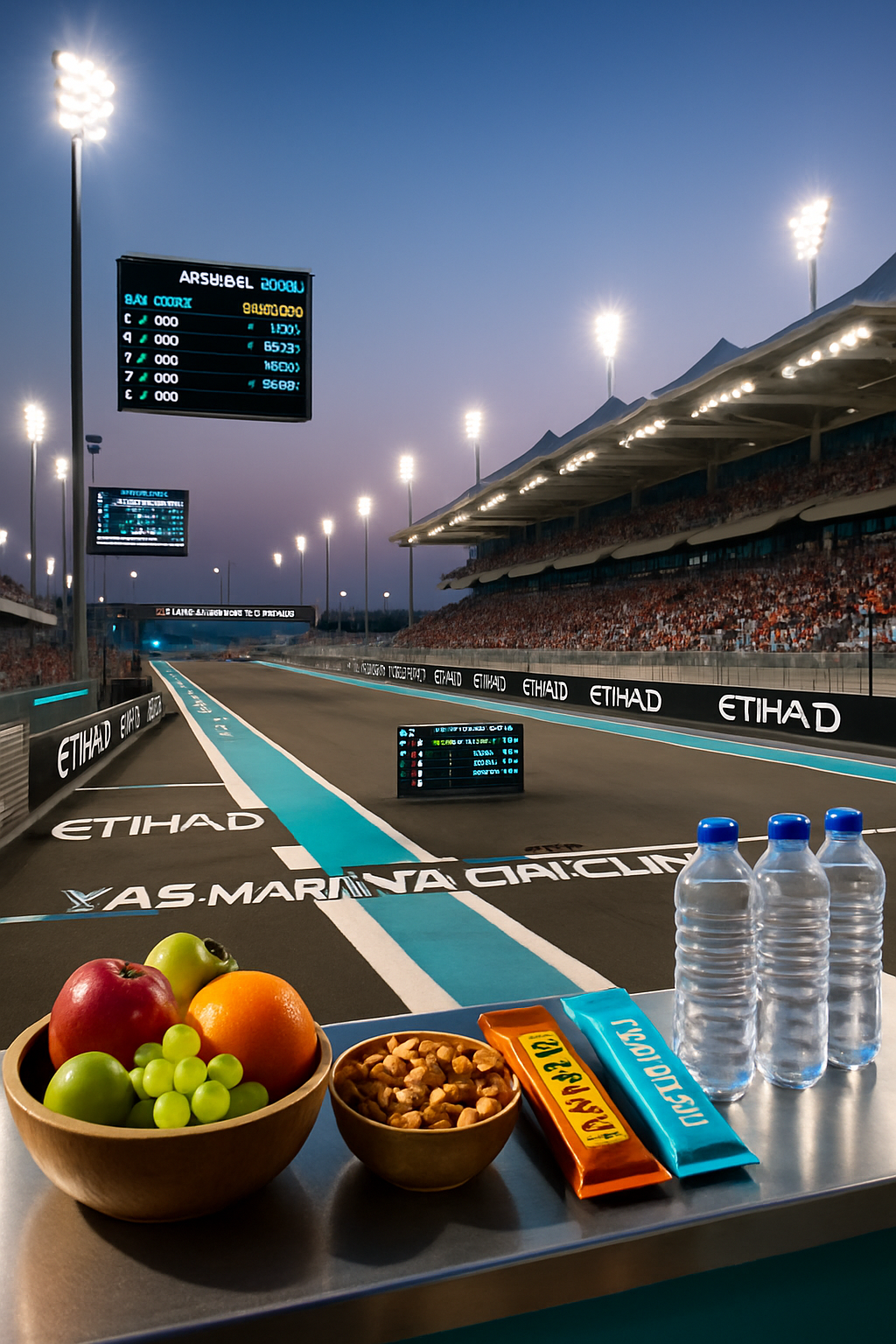 A smartphone running the SnapEat AI nutrition tracker app in front of a healthy meal, with the Abu Dhabi GP race at Yas Marina Circuit blurred in the background.