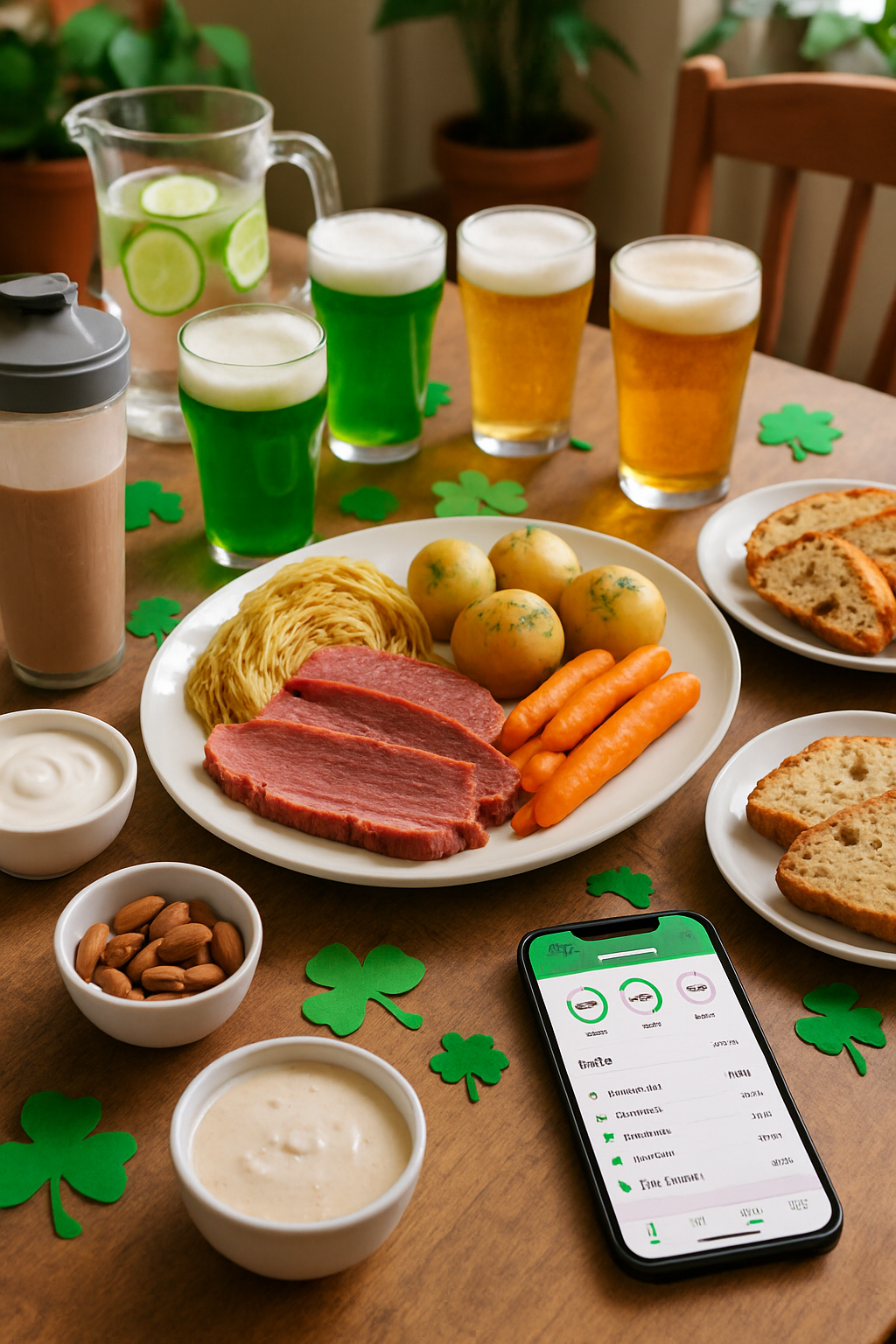 A healthy St. Patrick's Day plate with corned beef, cabbage, carrots and potatoes, ready to be tracked for nutrition.