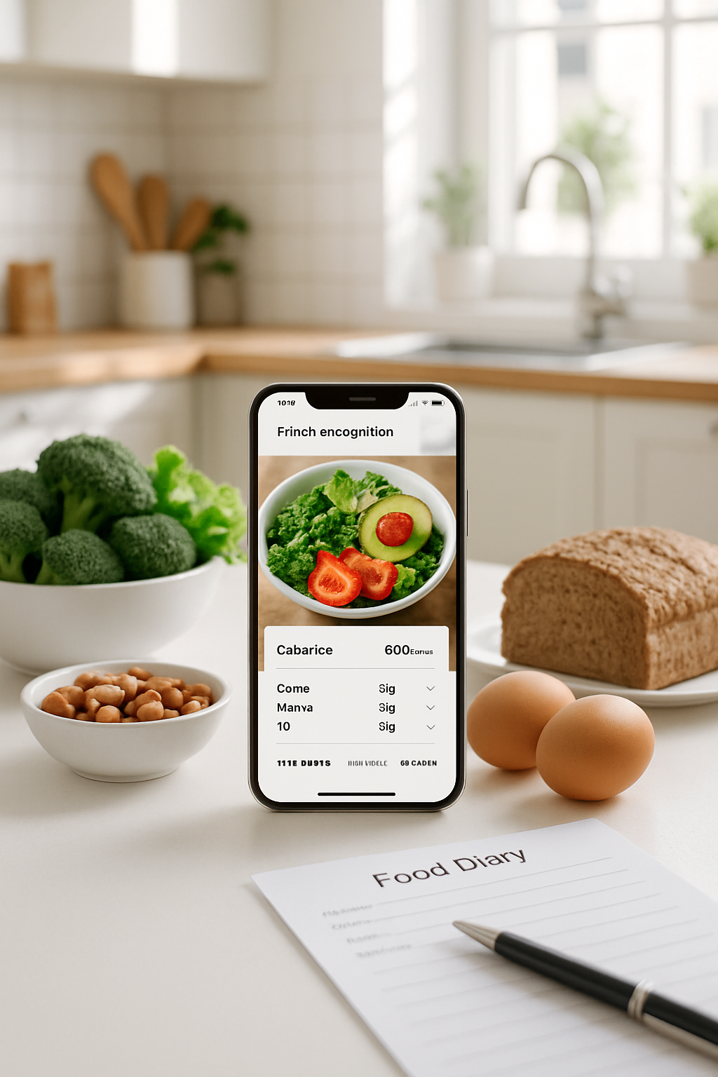 A smartphone running the SnapEat AI calorie counter app, showing food recognition of a healthy meal