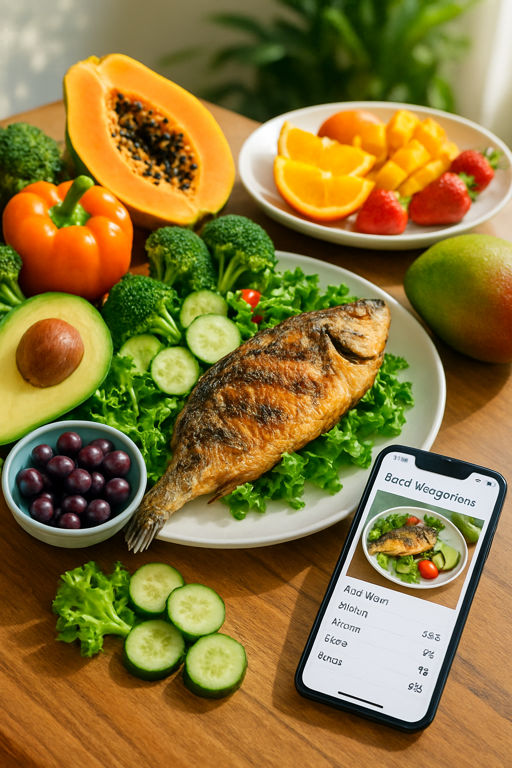 A vibrant, healthy meal being analyzed by the SnapEat AI smart food tracker app.