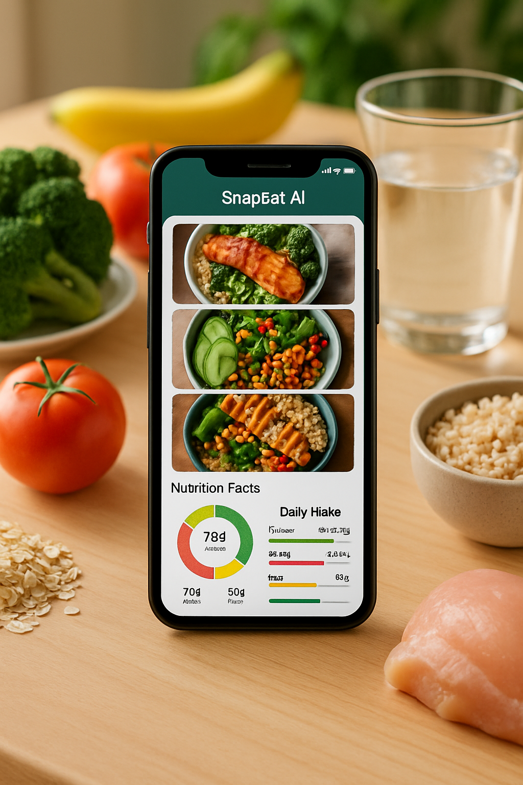 A phone screen showing the SnapEat AI nutrition coach app analyzing a healthy meal using its photo food tracking technology.