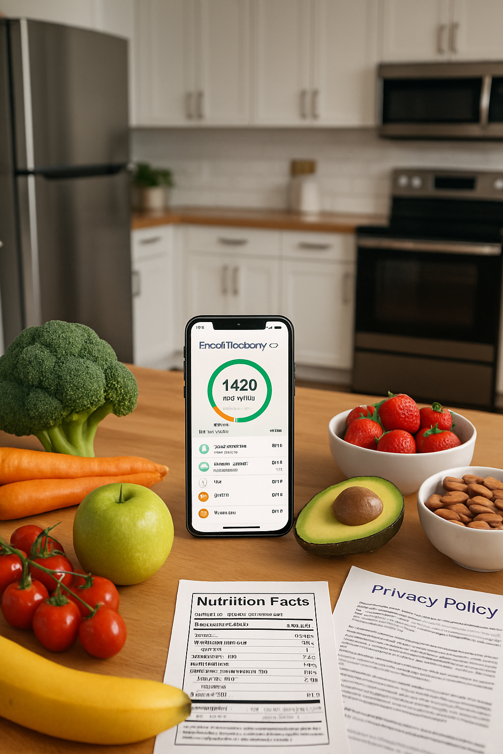 A smartphone showing the SnapEat AI app with a shield icon, illustrating secure food tracking and health data protection.