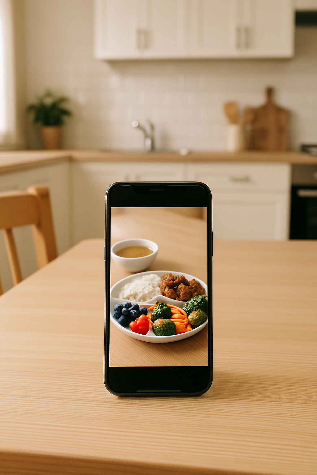 A smartphone showing the SnapEat AI food tracker app interface analyzing a photo of a bowl of salad and fruit.