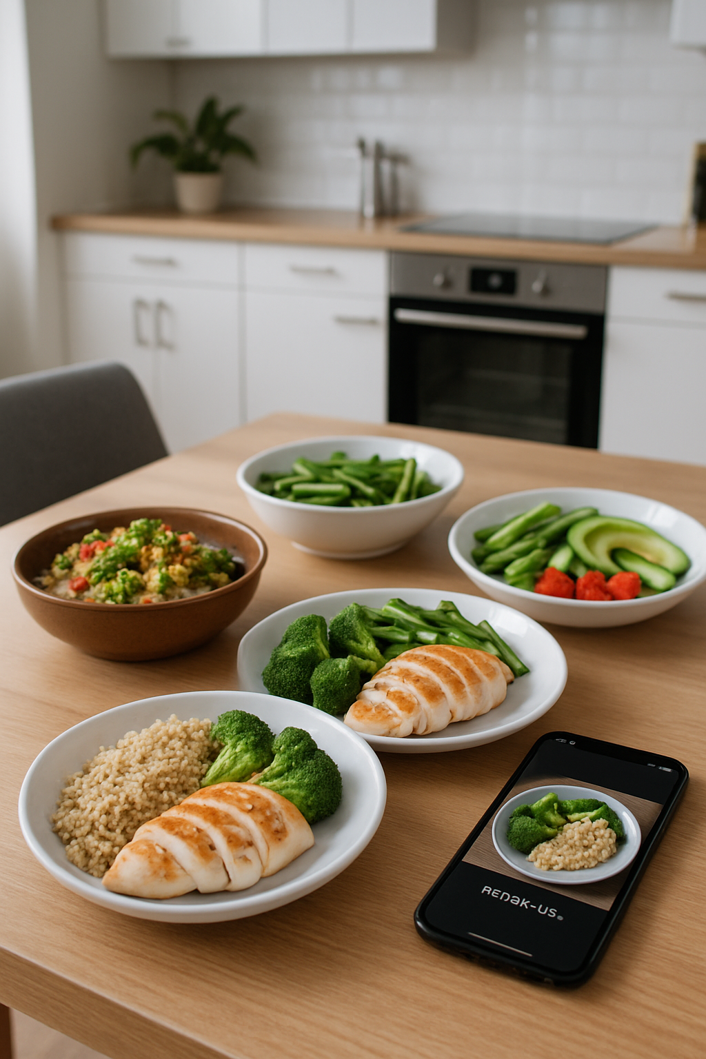 A person using the SnapEat AI nutrition tracker on their phone to take a photo of a bowl of salad and fruit.