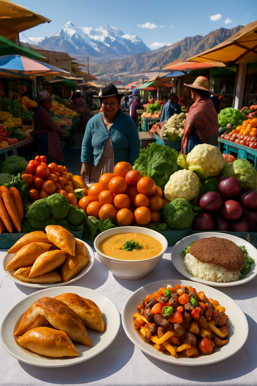 A person using the SnapEat AI food recognition app on their phone to scan a plate of Pique Macho, a traditional Bolivian food platter.