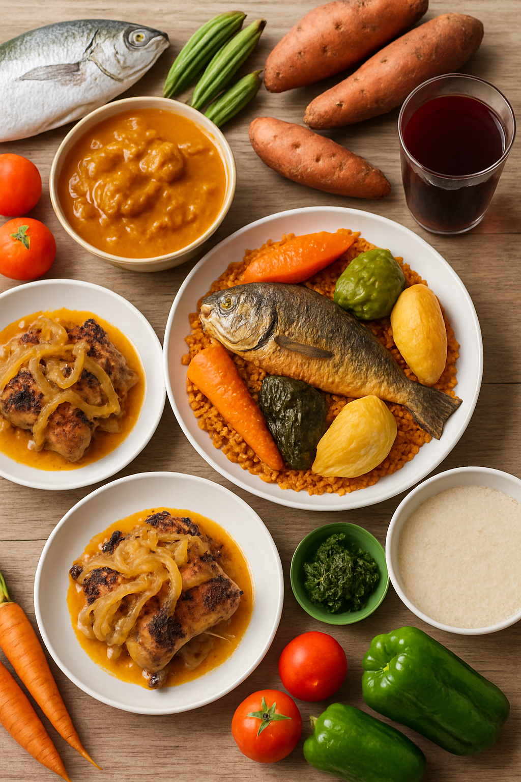 A vibrant plate of Senegalese Thieboudienne with fish and vegetables, illustrating healthy eating in Senegal.