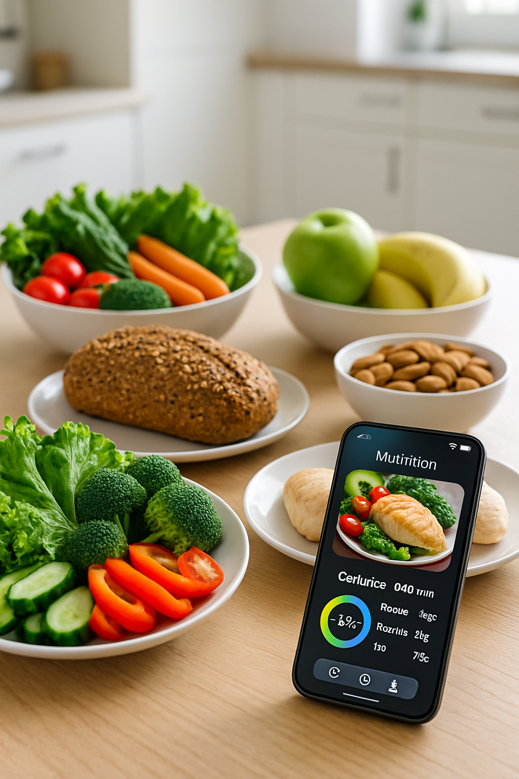A smartphone displaying the SnapEat AI app interface, showing a nutritional analysis of a healthy meal.