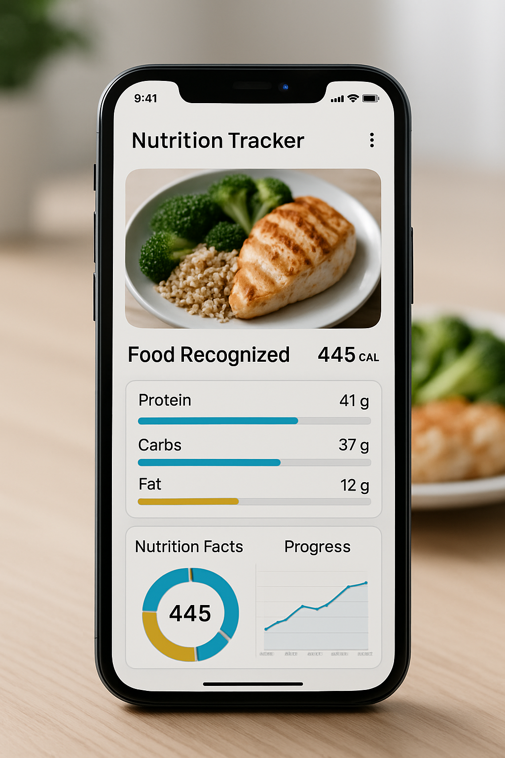 A demonstration of the SnapEat AI app on a smartphone, showing photo recognition of a healthy meal to track calories and macros.