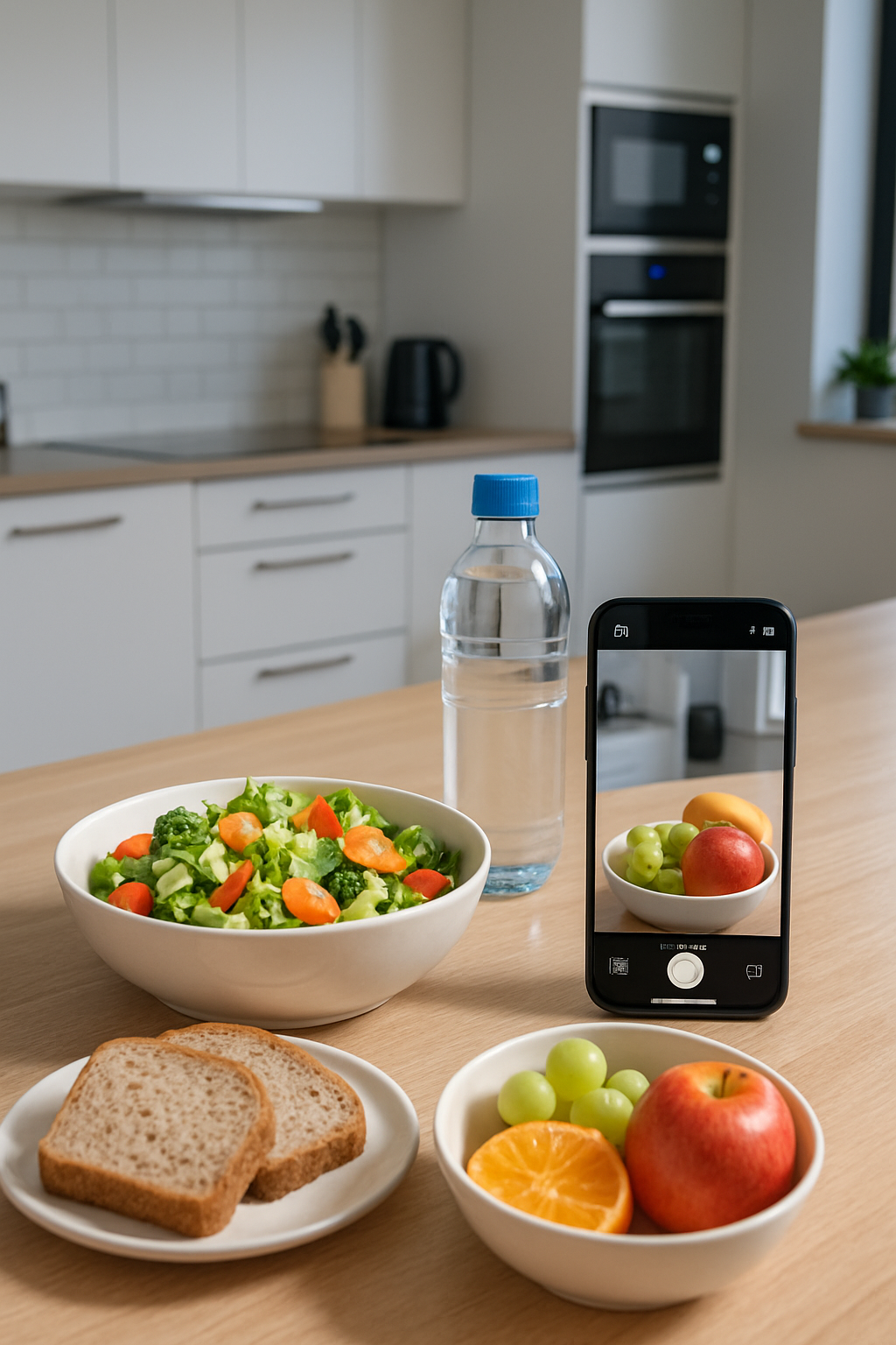 A person using the SnapEat AI meal tracking app on their phone to take a photo of a healthy salad.