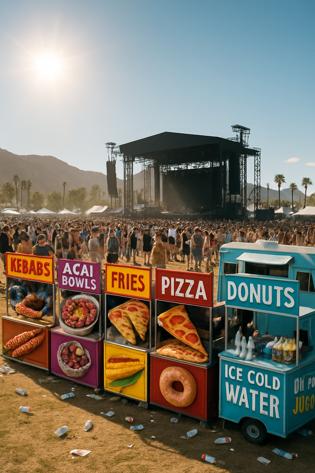 A person at a music festival using the SnapEat AI app on their phone to track their food, with the Coachella ferris wheel in the background, illustrating a healthy festival guide.
