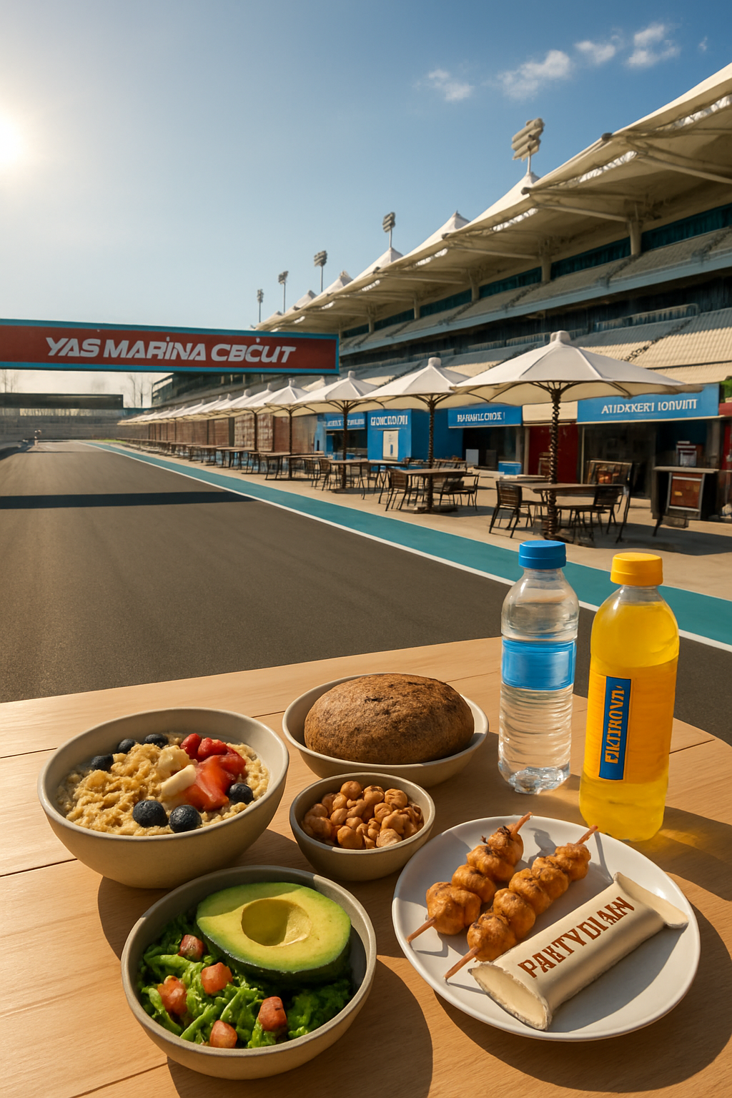 A vibrant view of the Yas Marina Circuit with overlay text about the Abu Dhabi GP nutrition guide from SnapEat AI.