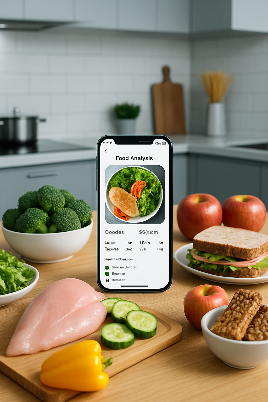 A smartphone displaying the SnapEat AI food tracker app interface, analyzing a photo of a healthy meal.