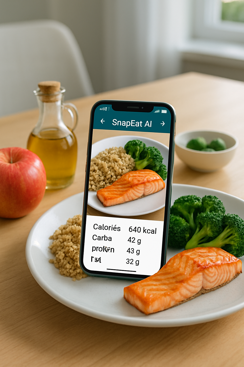 Smartphone showing the SnapEat AI app interface which uses its food recognizer to calculate calories from a photo of a meal.