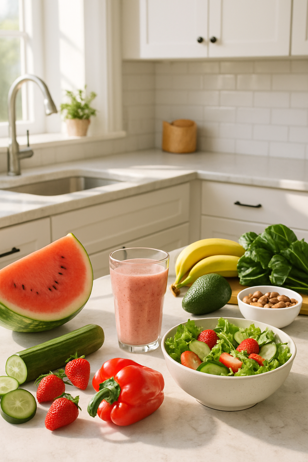 A refreshing meal for extreme heat nutrition including a salad and fruit-infused water to stay healthy.