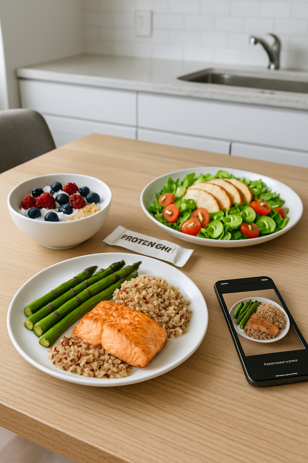 A smartphone displaying the SnapEat AI food tracker app analyzing a healthy meal of salmon and asparagus by photo.
