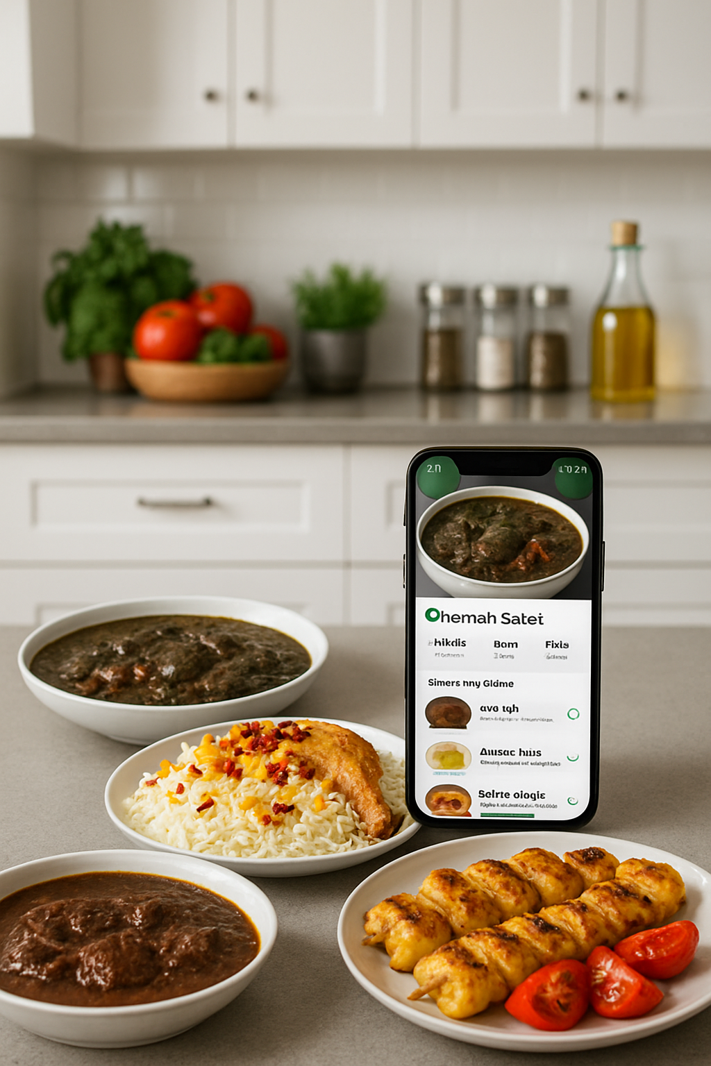 A smartphone displaying the SnapEat AI app, scanning a traditional Iranian meal to provide nutrition tracking data.