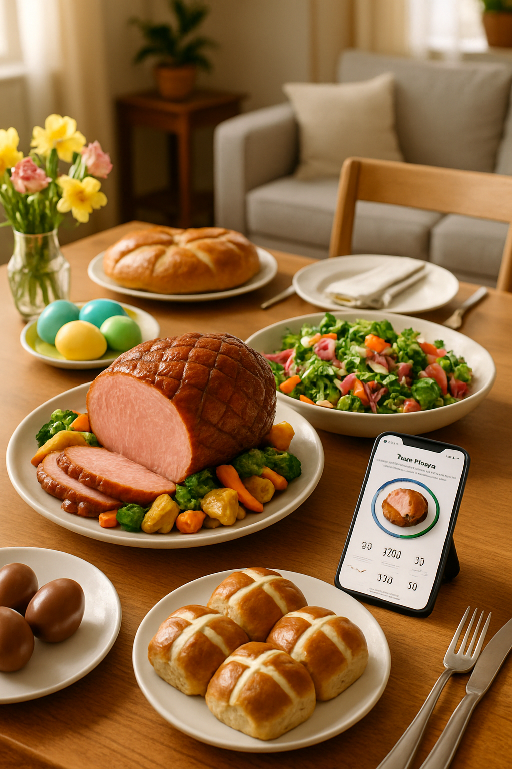 A smartphone displaying the SnapEat AI nutrition tracker app analyzing a plate of Easter food.