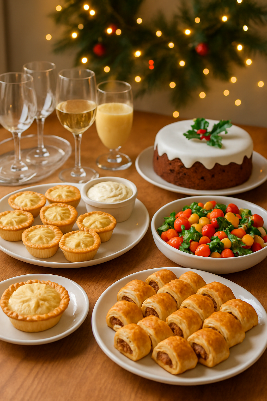 A smartphone displaying the SnapEat AI calorie counter app, with a plate of healthy Christmas party food like shrimp and salad in the background.