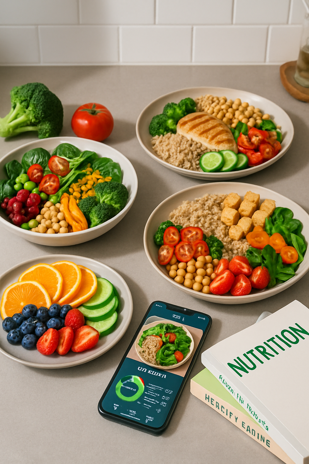 Smartphone displaying the Nutrition AI Snap food tracker app interface, analyzing a photo of a healthy meal with nutritional data overlays