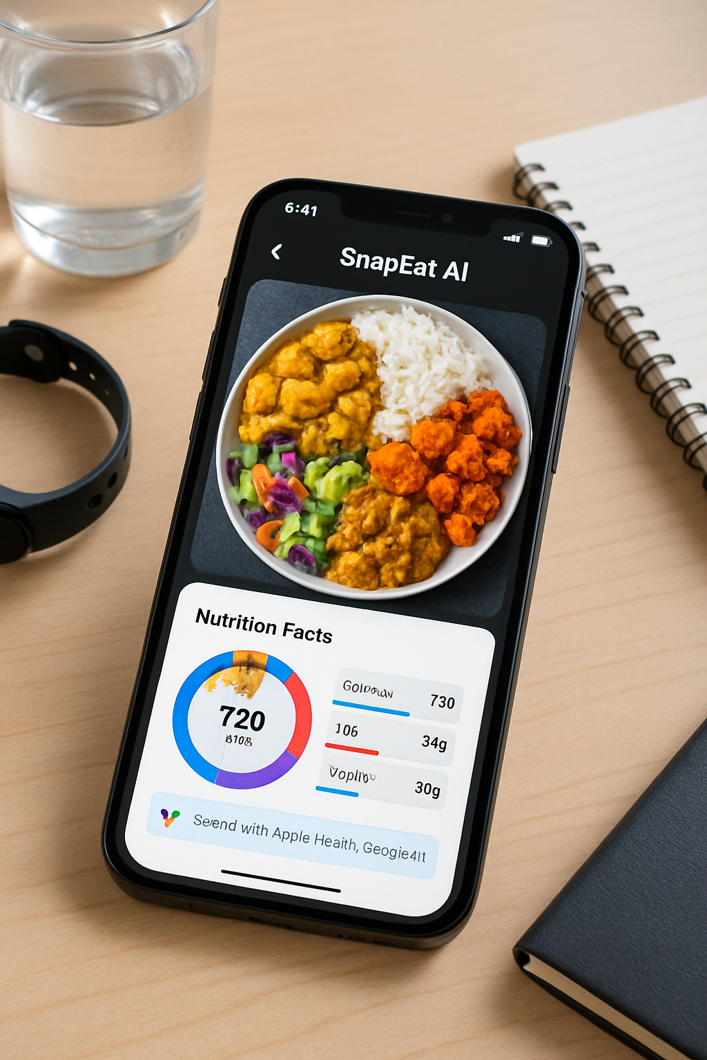 A smartphone displaying the SnapEat AI app interface, using photo food recognition on a healthy meal
