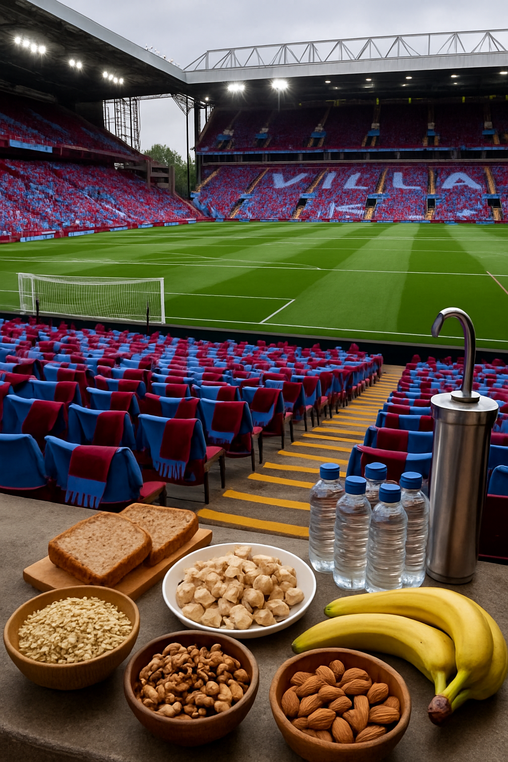 A vibrant image of Villa Park stadium filled with Aston Villa fans, with an overlay of healthy food icons representing good game day nutrition.