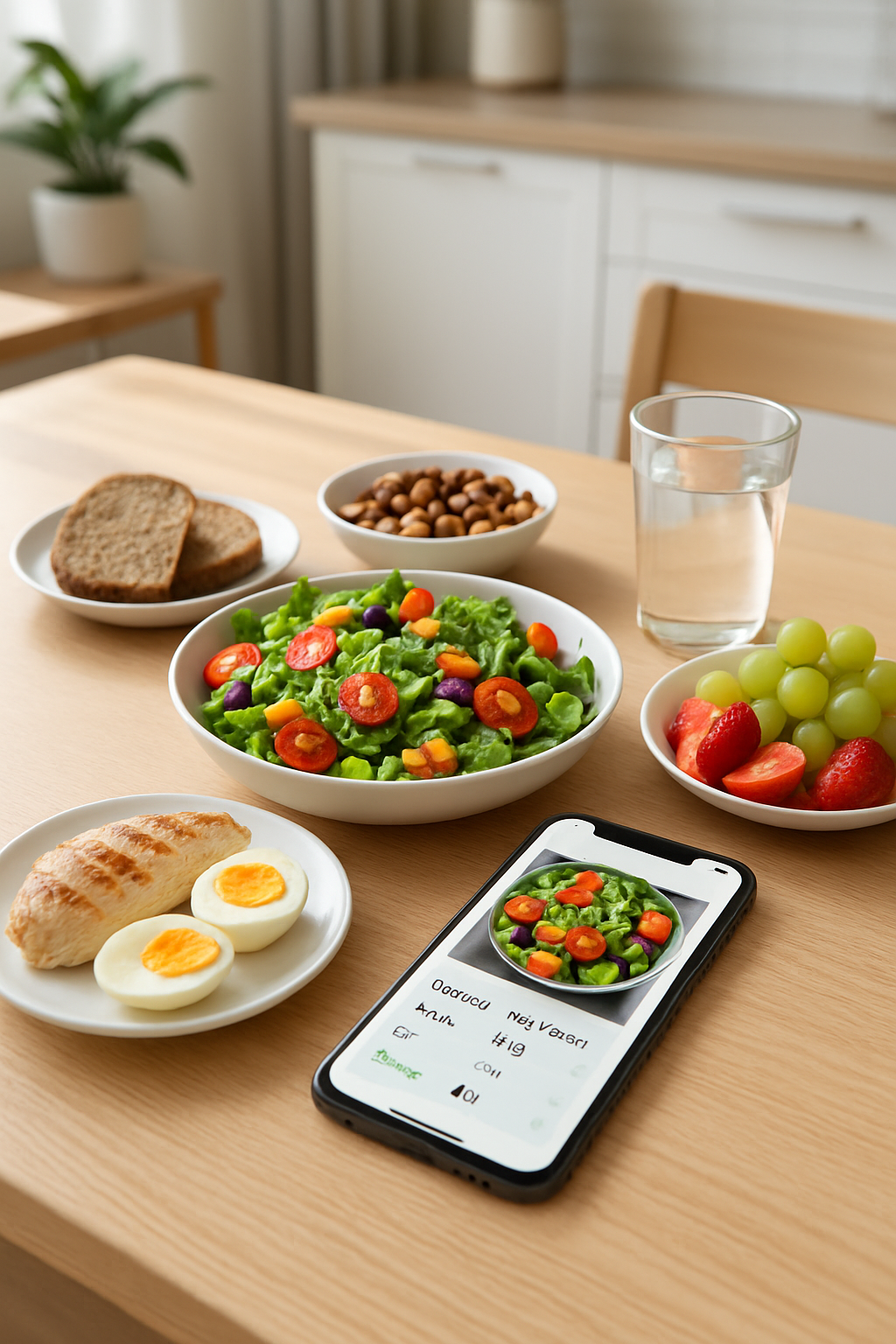 A smartphone displaying the SnapEat AI app interface, which is analyzing a photo of a bowl of salad for smart calorie tracking.