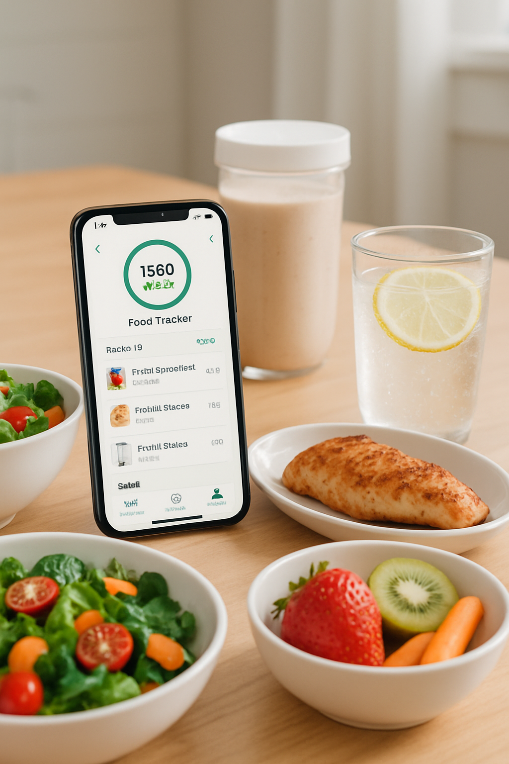 Smartphone showing the NutriPic AI food tracker app interface analyzing a healthy meal.