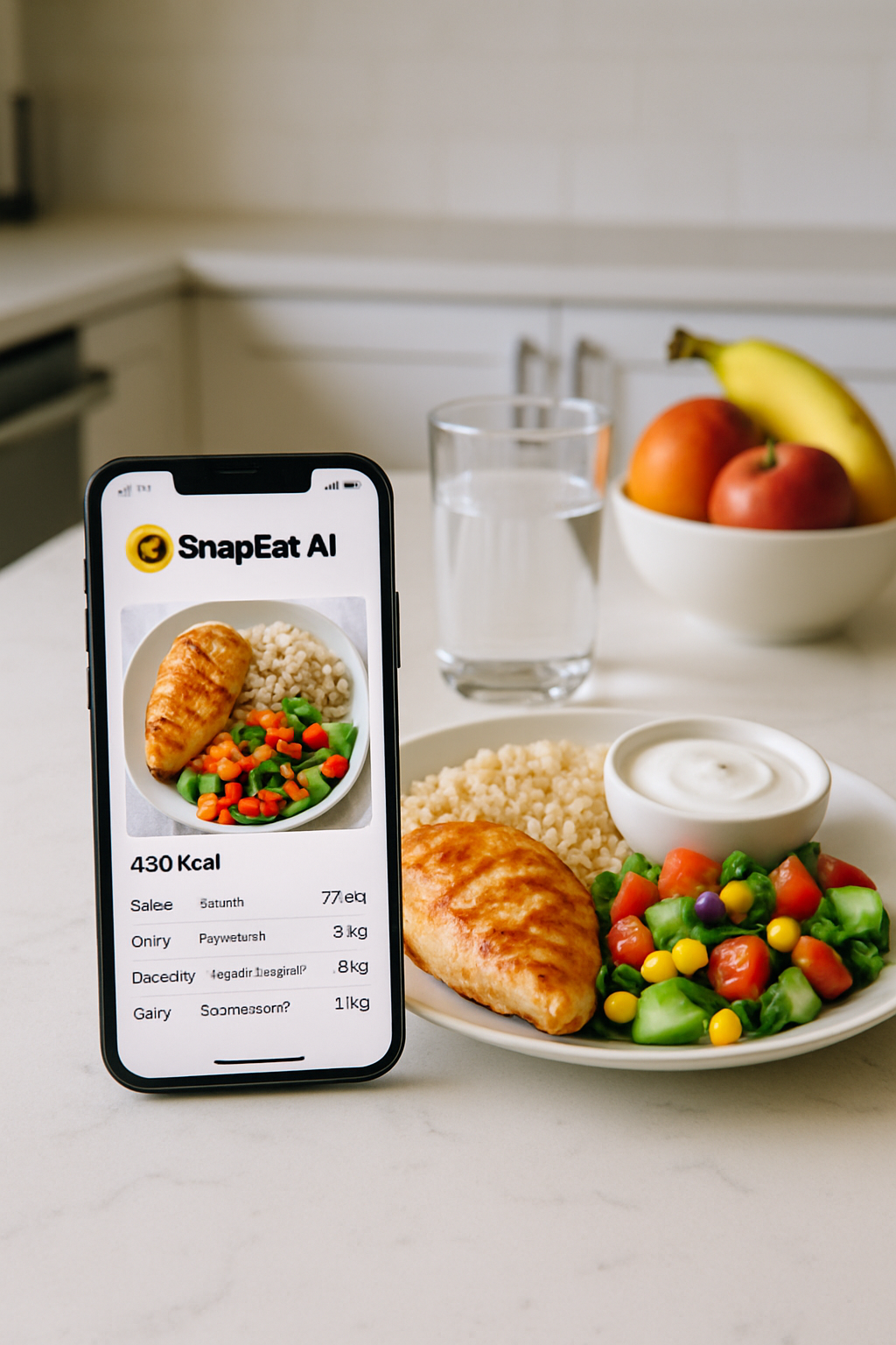 A smartphone showing the SnapEat AI app's food recognition feature over a healthy meal, with the Beyond Wonderland festival lights in the background.