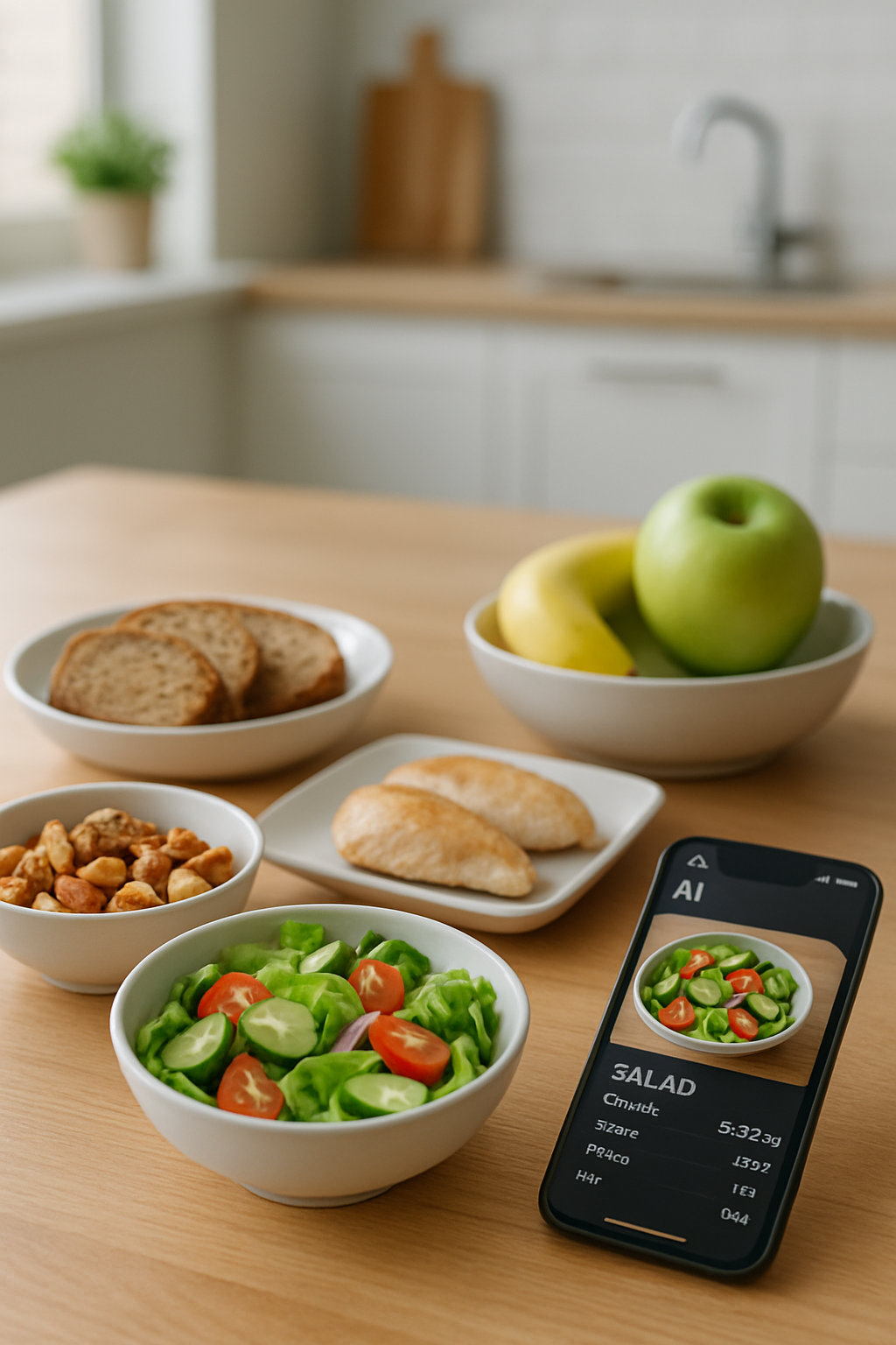A user holding a phone with the SnapEat AI food tracker app, about to take a photo of a healthy meal.