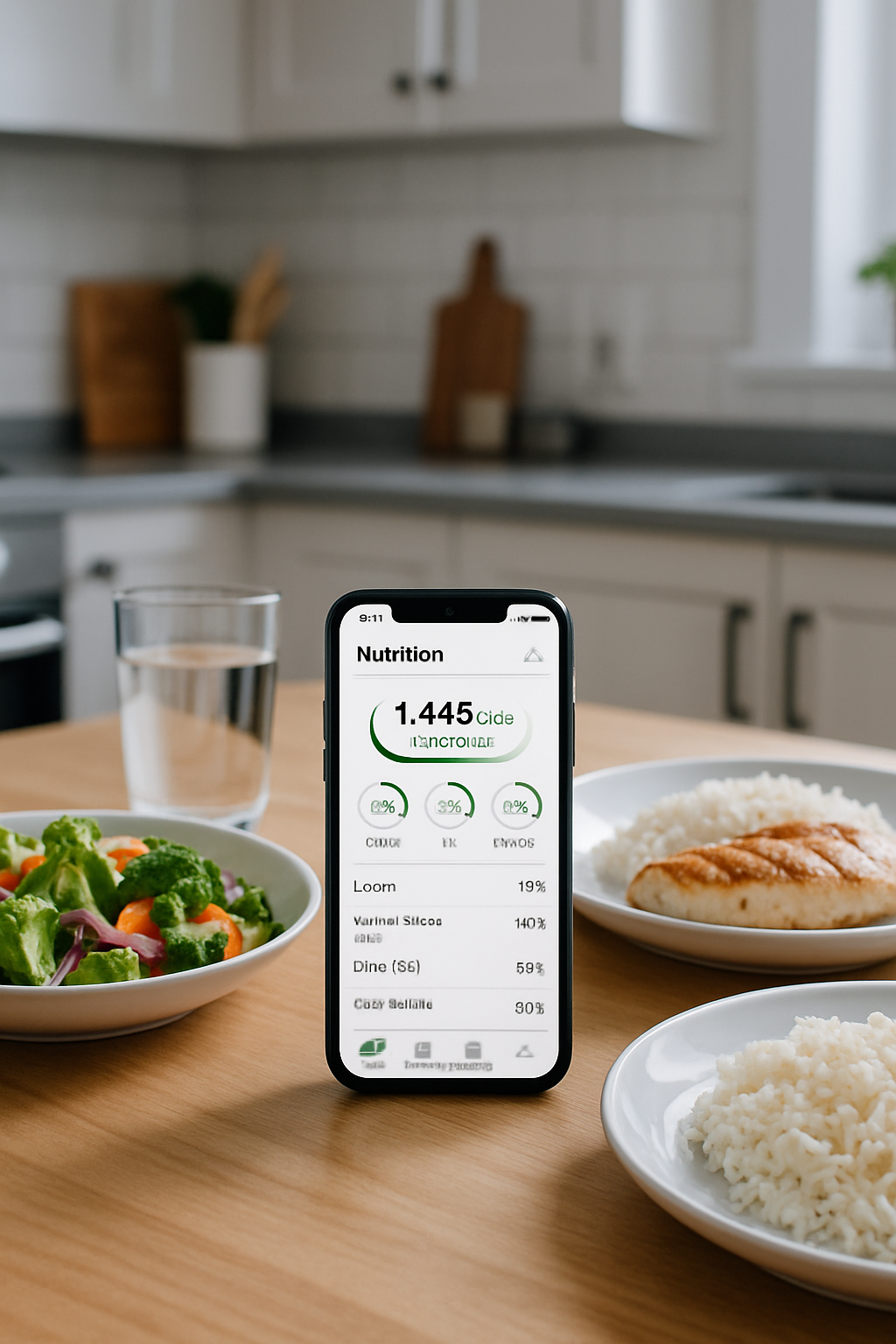 Smartphone showing the SnapEat AI app analyzing a photo of a healthy meal with chicken and vegetables.