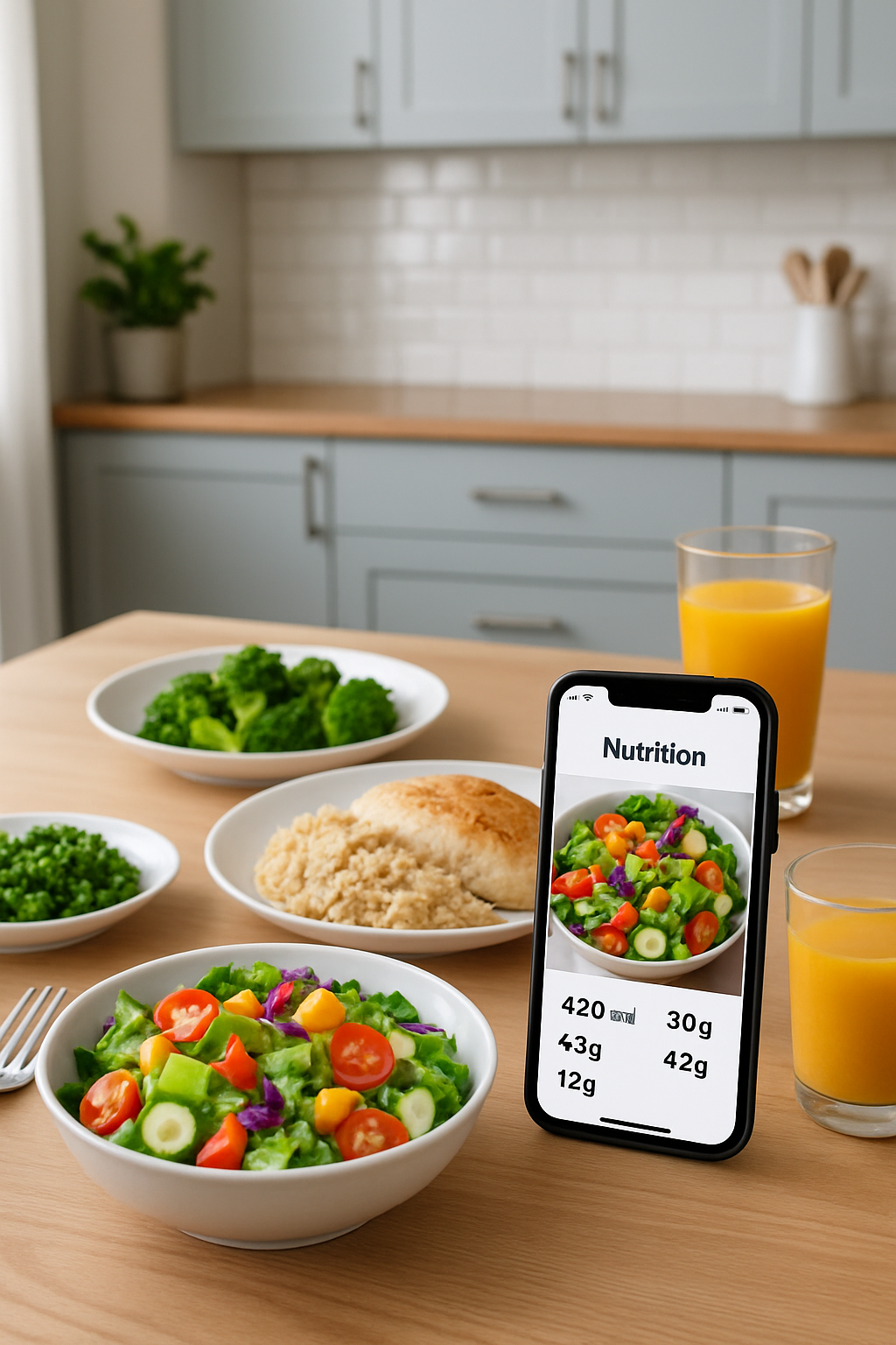 A smartphone showing the FoodSnap AI food recognition feature analyzing a healthy meal of salmon and vegetables.