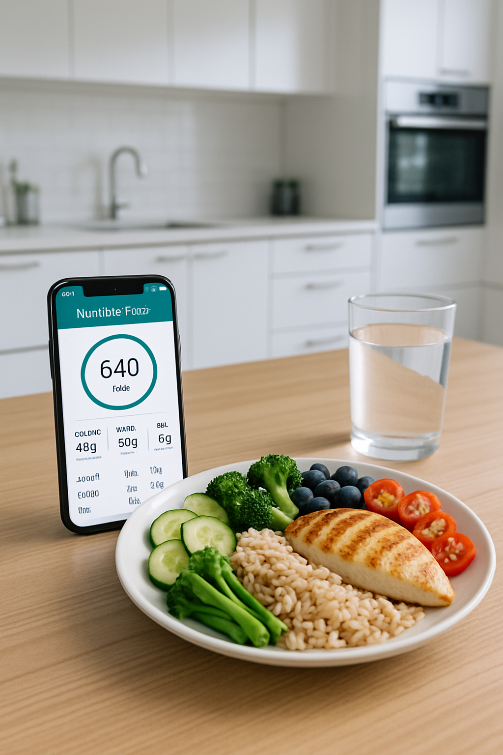 Smartphone using the SnapEat AI meal tracking app to analyze a healthy meal, demonstrating the smart nutrition coaching feature.