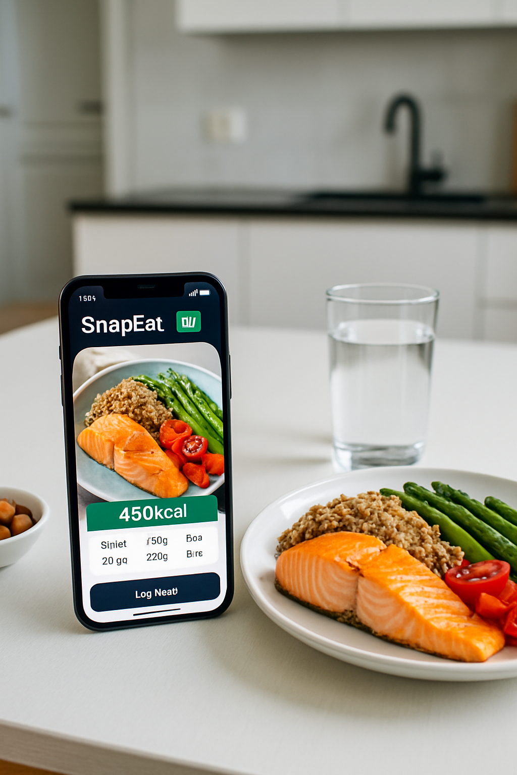 Smartphone showing the AI Macro Track meal tracking app interface analyzing a photo of a salmon and vegetable meal.