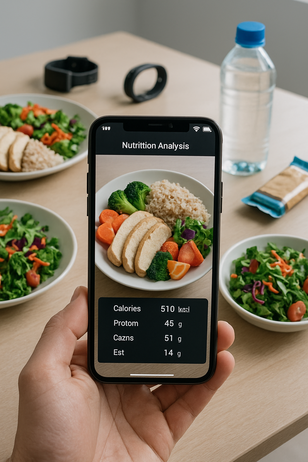 A smartphone displaying the SnapEat AI nutrition tracker app interface analyzing a photo of a healthy meal.