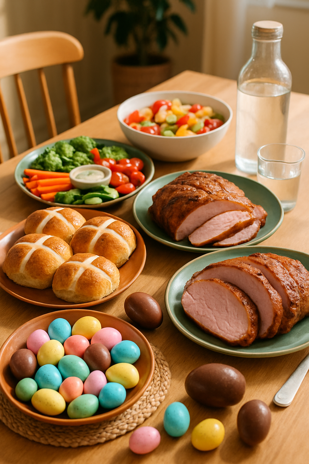 A healthy Easter meal plate with roasted chicken, asparagus, and carrots, illustrating healthy holiday eating tips.
