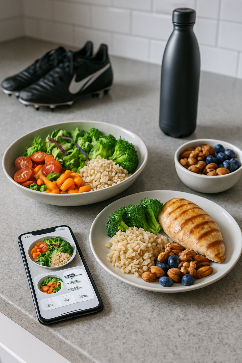 Soccer player using the SnapEat AI smart calorie tracker app on their phone to log a healthy meal by photo
