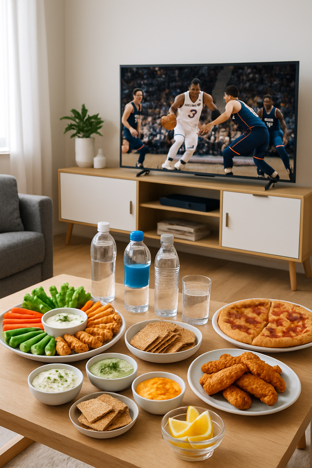 A healthy game day nutrition spread with grilled chicken skewers and vegetables, with a phone showing the SnapEat AI app analyzing the food.