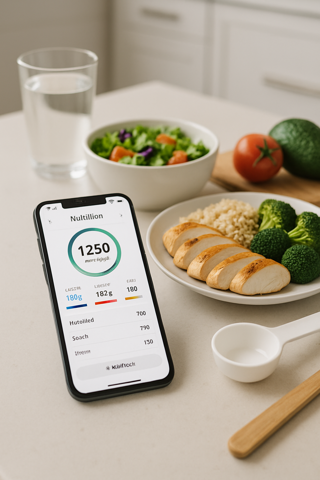 A smartphone displaying the SnapEat AI diet tracker app, analyzing a photo of a healthy salad to track nutrition.