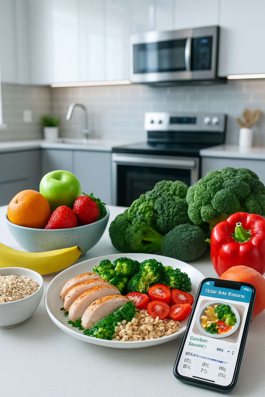 Smartphone showing the SnapEat AI calorie counter app interface over a background of healthy foods, illustrating 2024 wellness trends.