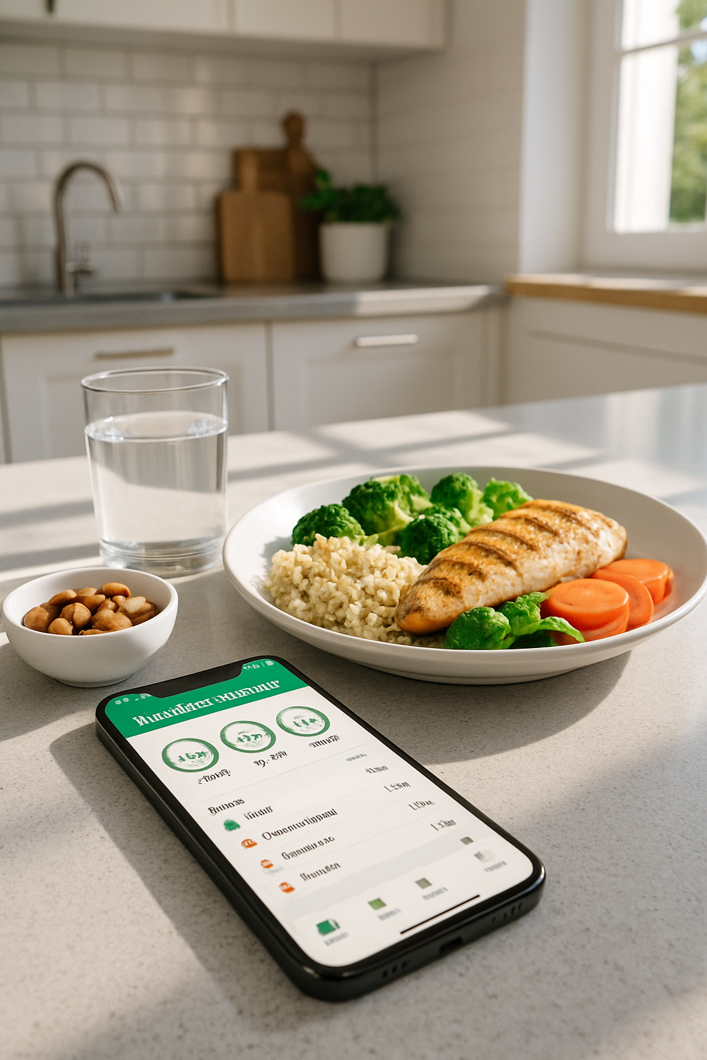 A smartphone displaying the SnapEat AI nutrition tracker app interface with a photo of a healthy meal.