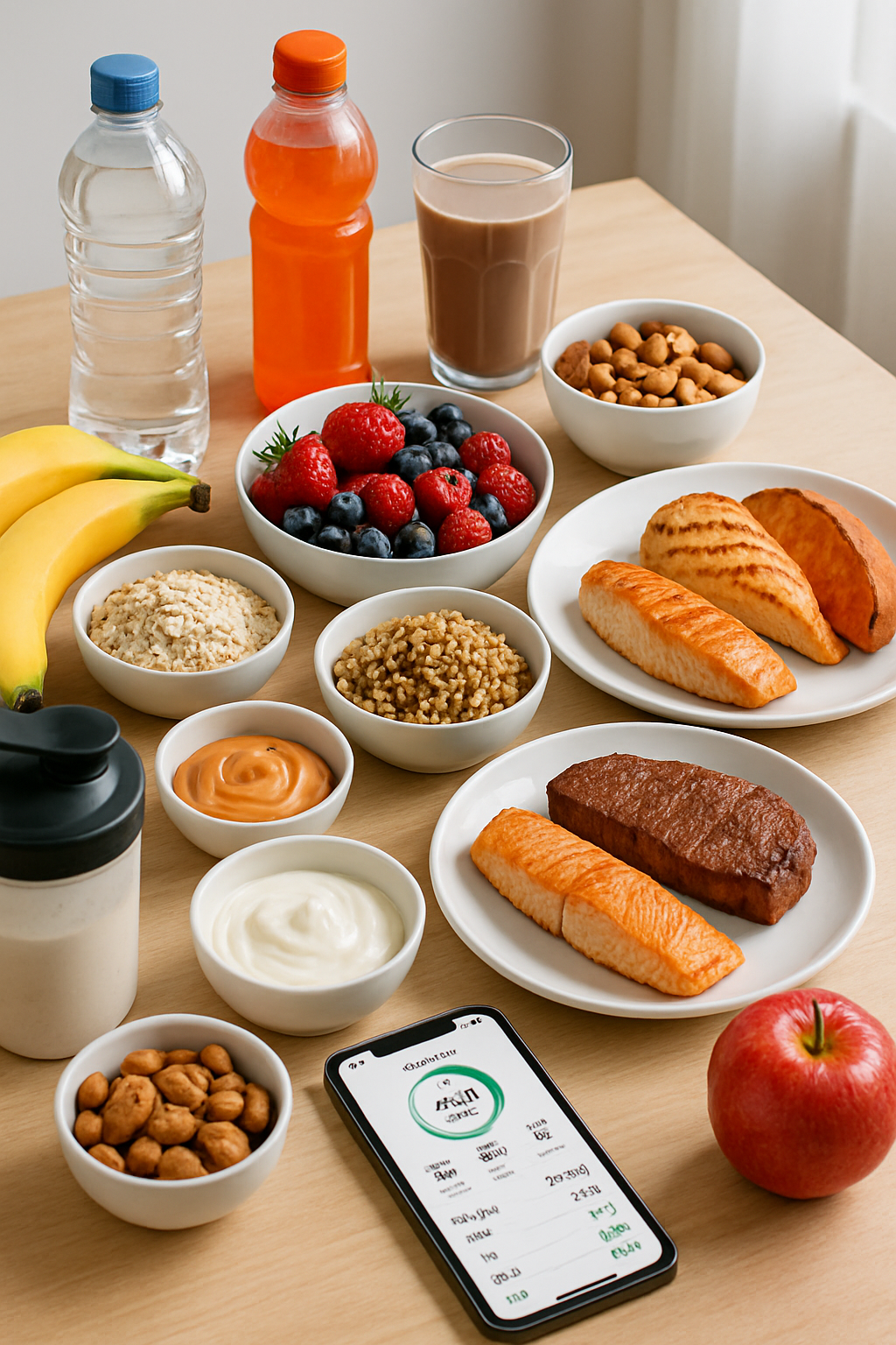 A basketball court with plates of food symbolizing athlete nutrition for power vs agility, featuring SnapEat AI.