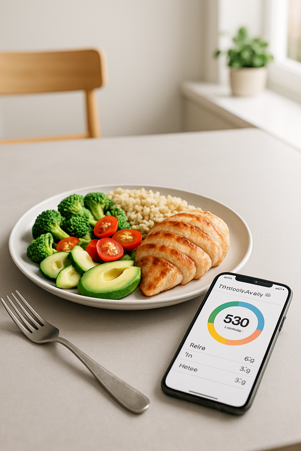 A person using the SnapEat AI nutrition tracker app on a smartphone to analyze a healthy meal of salmon, avocado, and vegetables.