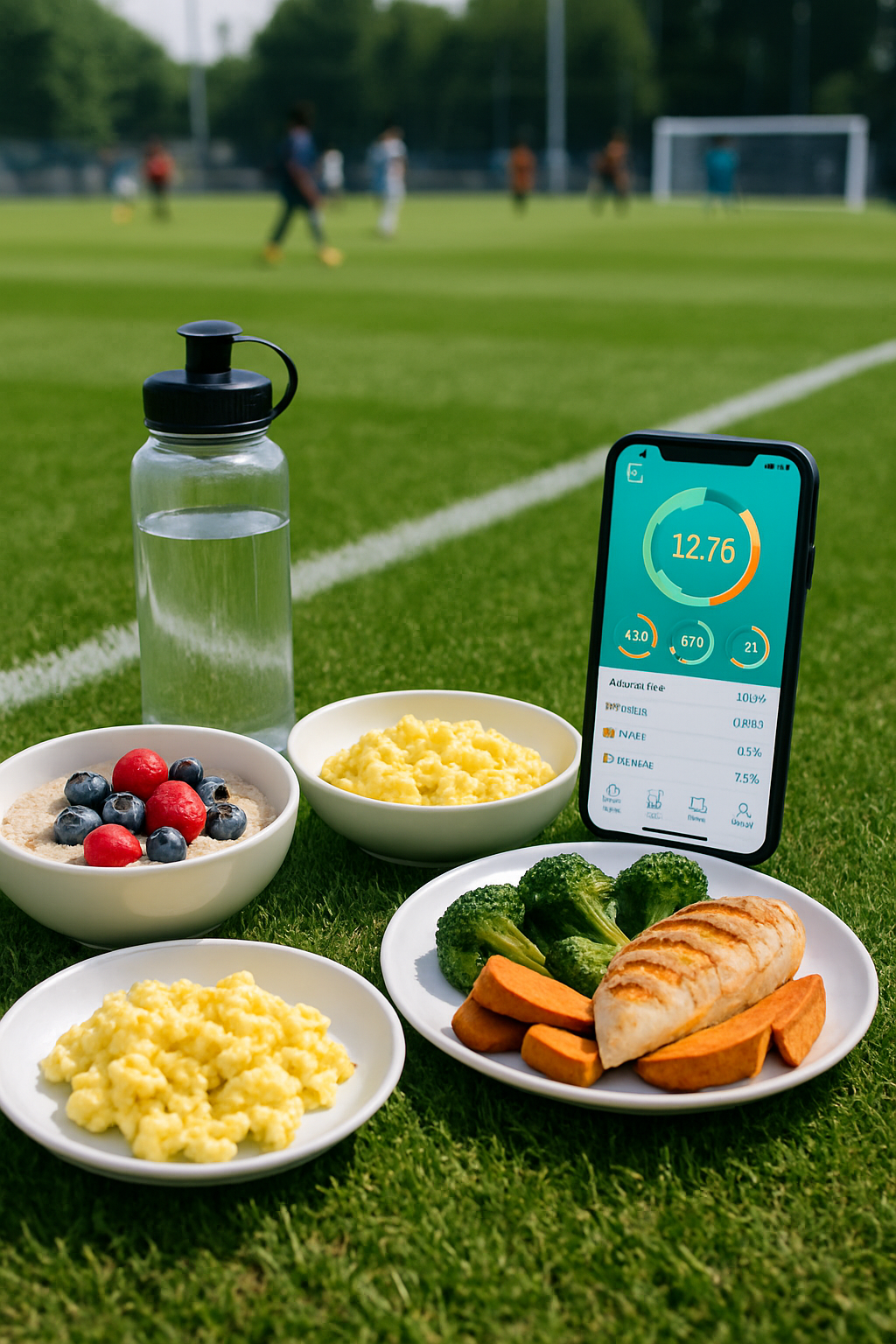 A footballer tracking their pre-game meal using the SnapEat AI athlete nutrition app on a smartphone.