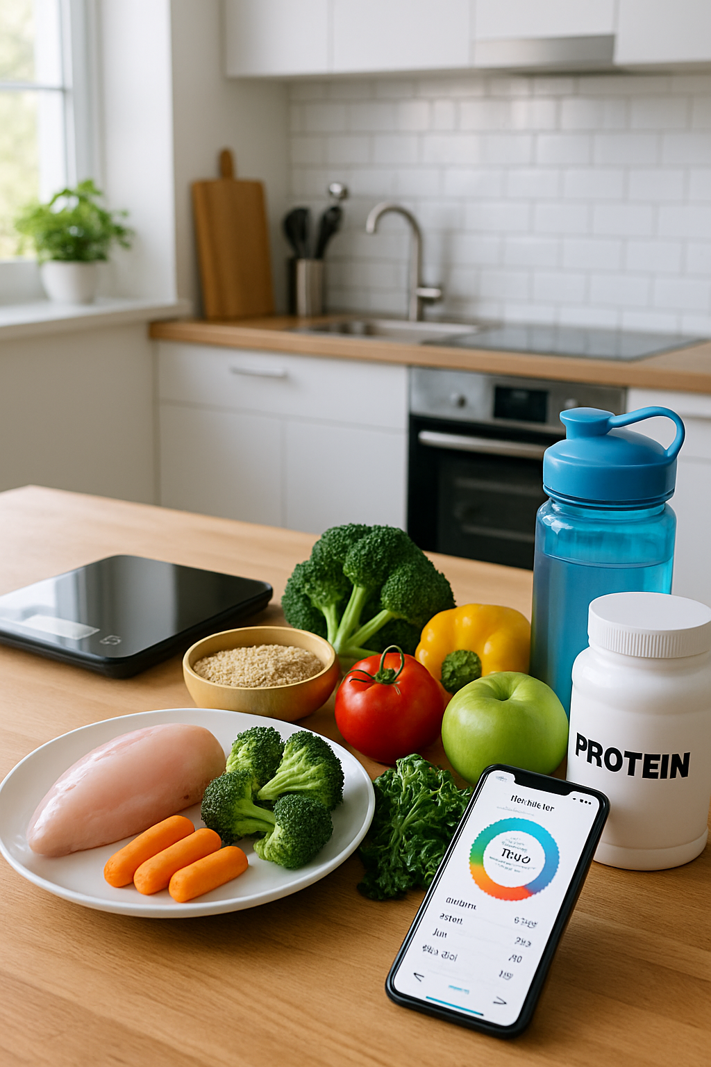 Athlete looking at the SnapEat AI app on their smartphone, which shows a detailed nutritional analysis of a healthy meal with chicken and vegetables.