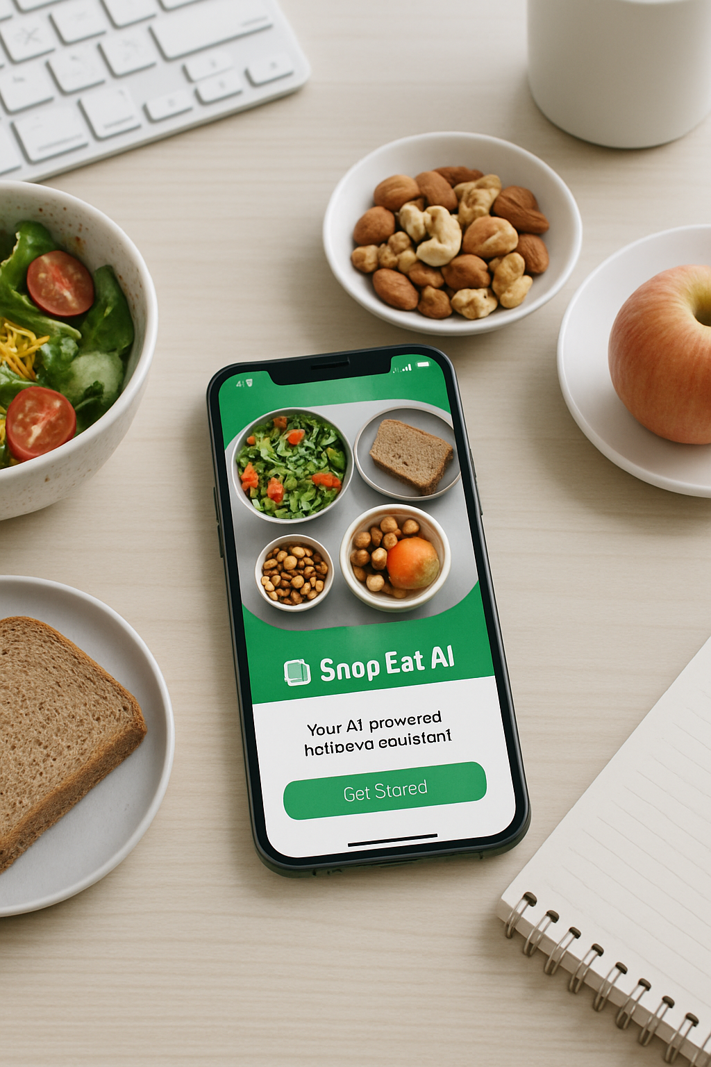 A busy professional uses the SnapEat AI nutrition tracker app to scan a healthy meal, optimizing their diet for career success.