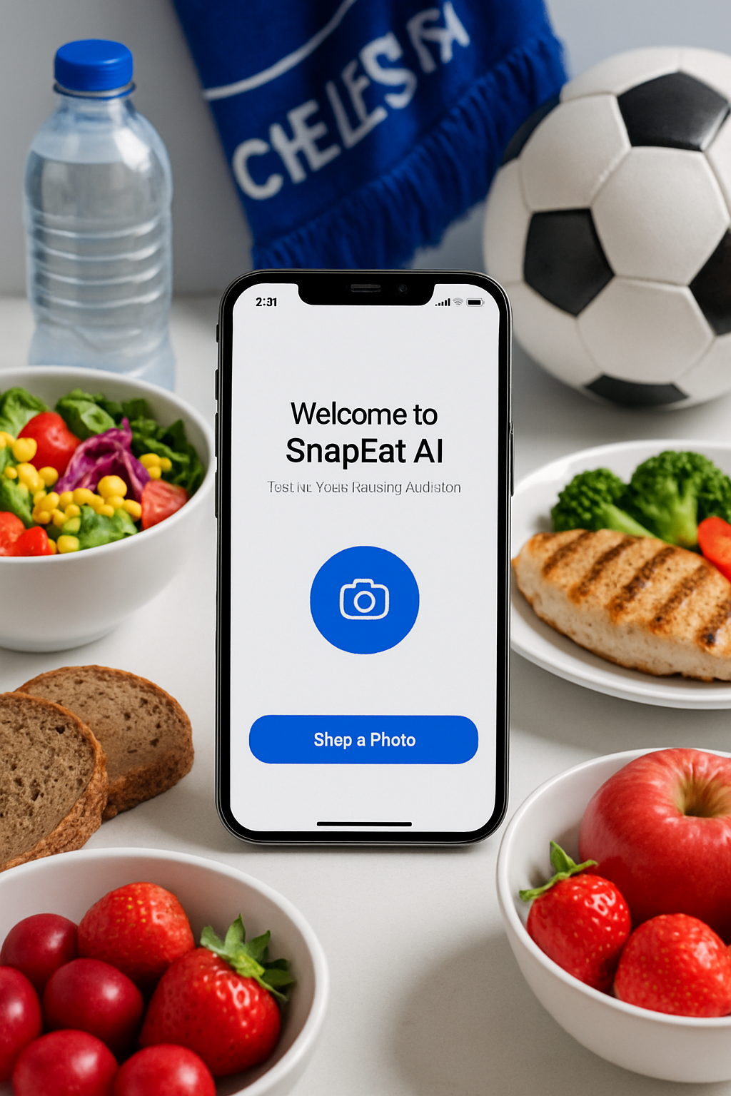 Chelsea fan using the SnapEat AI food tracker app on a smartphone to log a healthy meal, with the Chelsea club crest in the background.